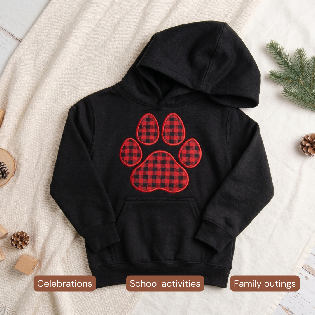 Kids Embroidered Paw Print Hoodie | Youth Pullover Sweatshirt