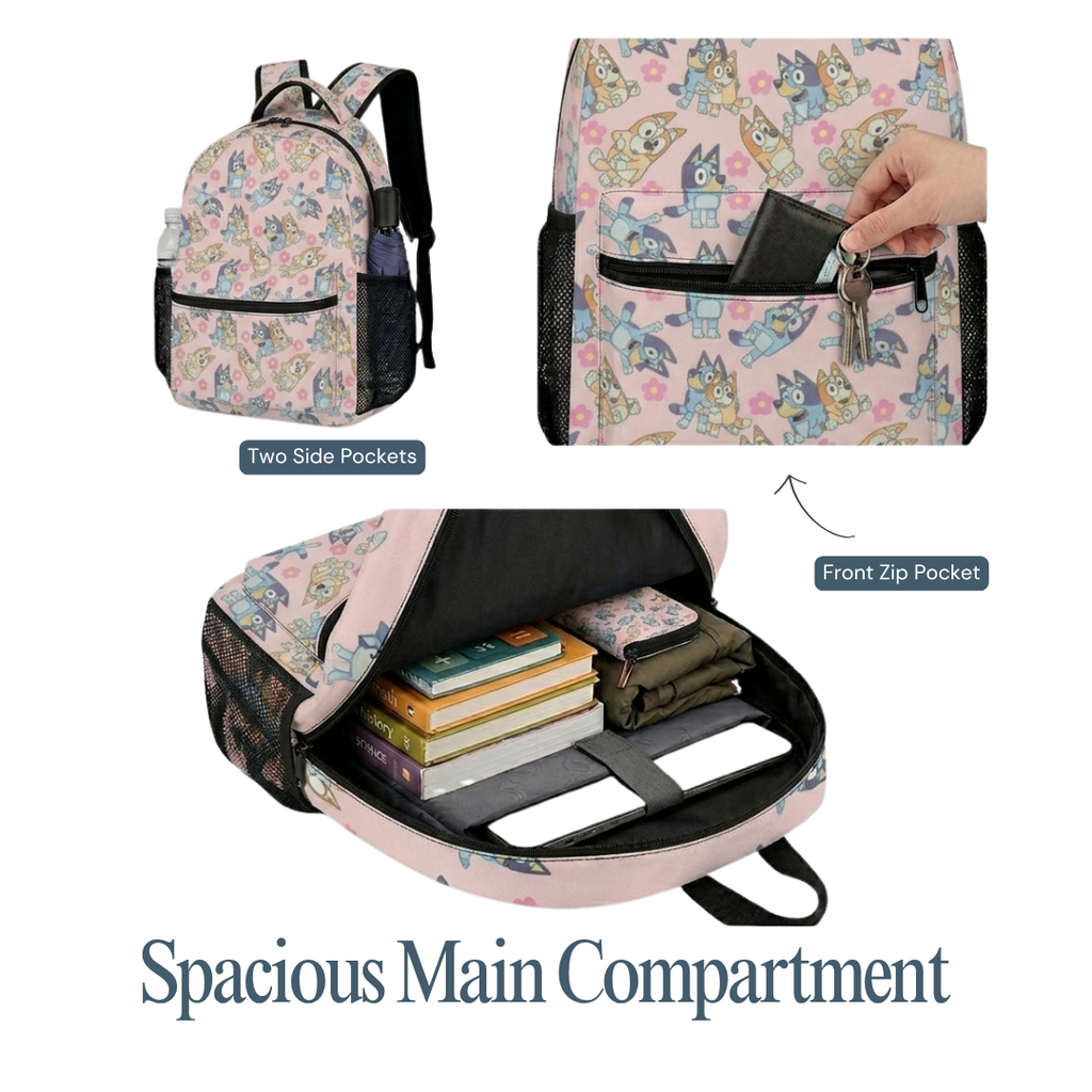 Personalized Pink Bluey Backpack Set for Kids – 3-Piece School Bag Set