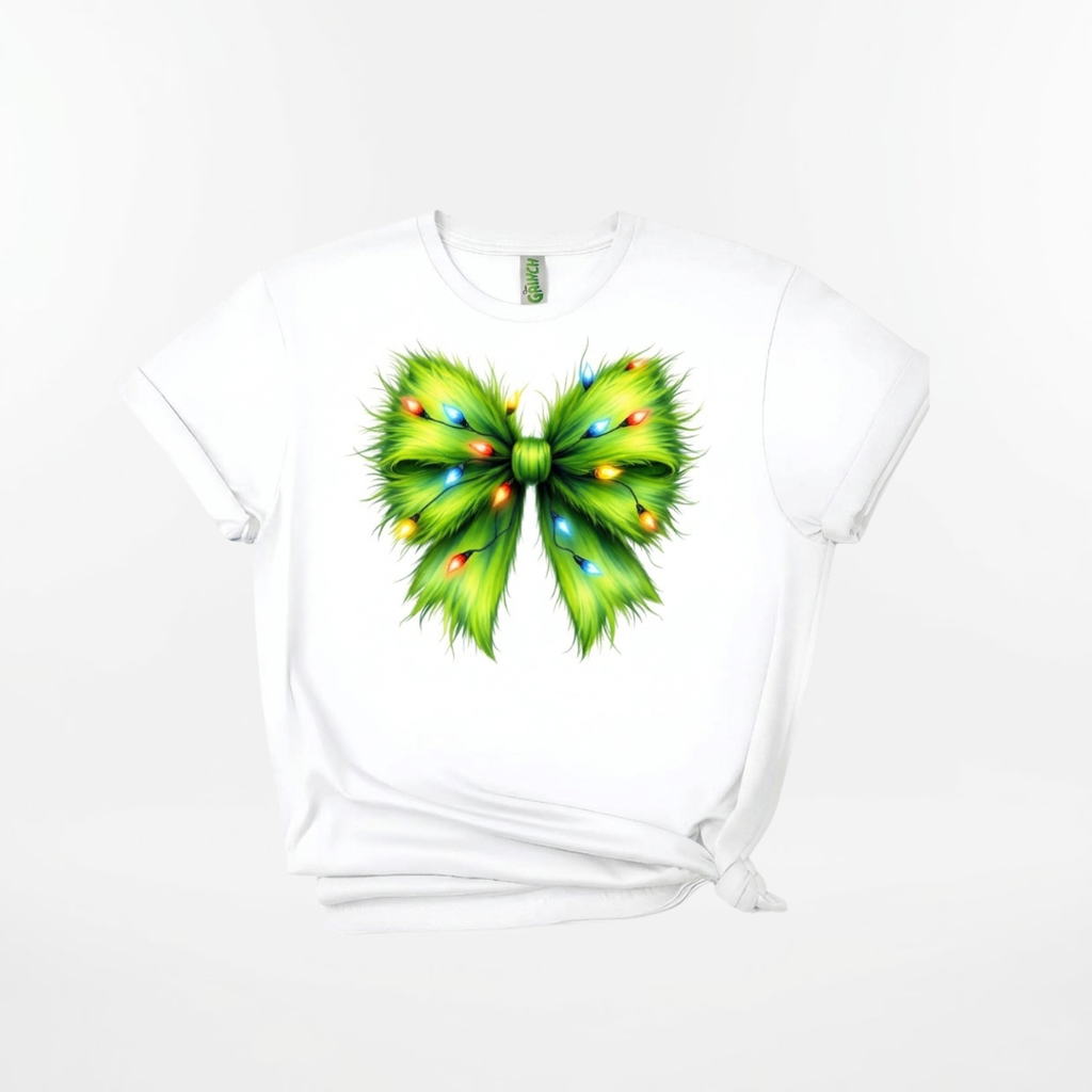 Personalized Green Furry Coquette Bow Christmas T-Shirt – Kids & Family Holiday Shirt
