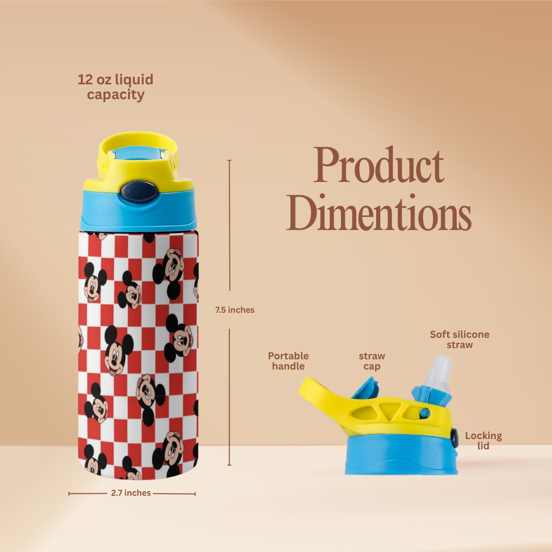 Custom Mickey Mouse Kids Water Bottle 350ml – Leakproof Straw Cup