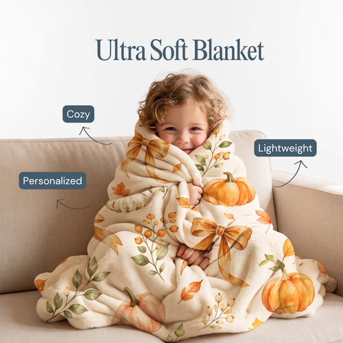 Custom Fall Pumpkin Fleece Blanket – Watercolor Bow Autumn Throw