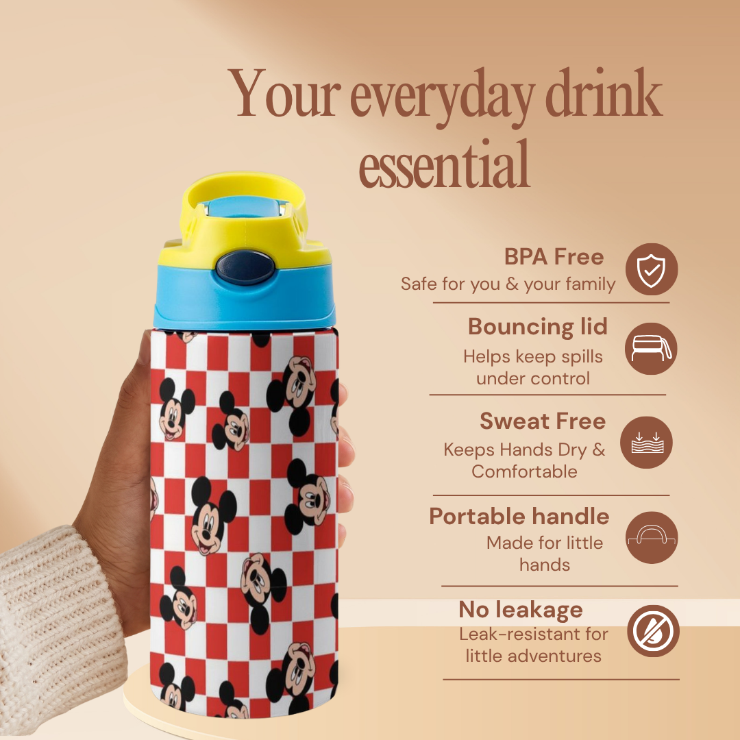 Custom Mickey Mouse Kids Water Bottle 350ml – Leakproof Straw Cup