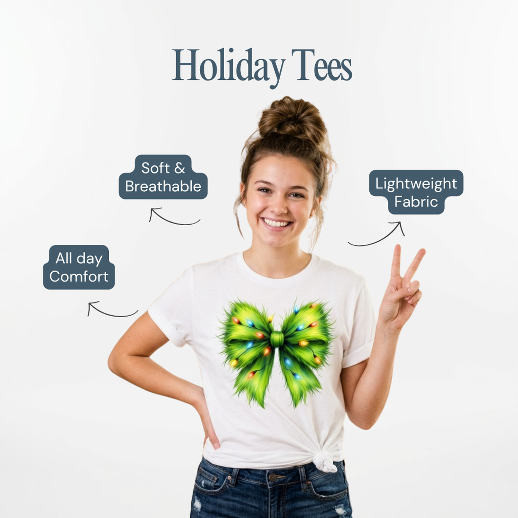 Personalized Green Furry Coquette Bow Christmas T-Shirt – Kids & Family Holiday Shirt