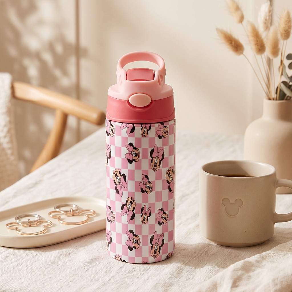 Custom Minnie Mouse Kids Water Bottle 350ml – Leakproof Straw Cup