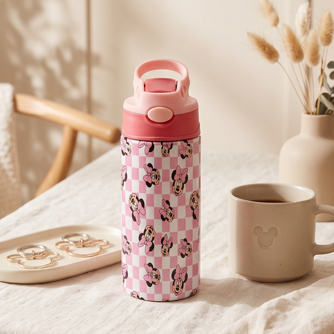 Custom Minnie Mouse Kids Water Bottle 350ml – Leakproof Straw Cup