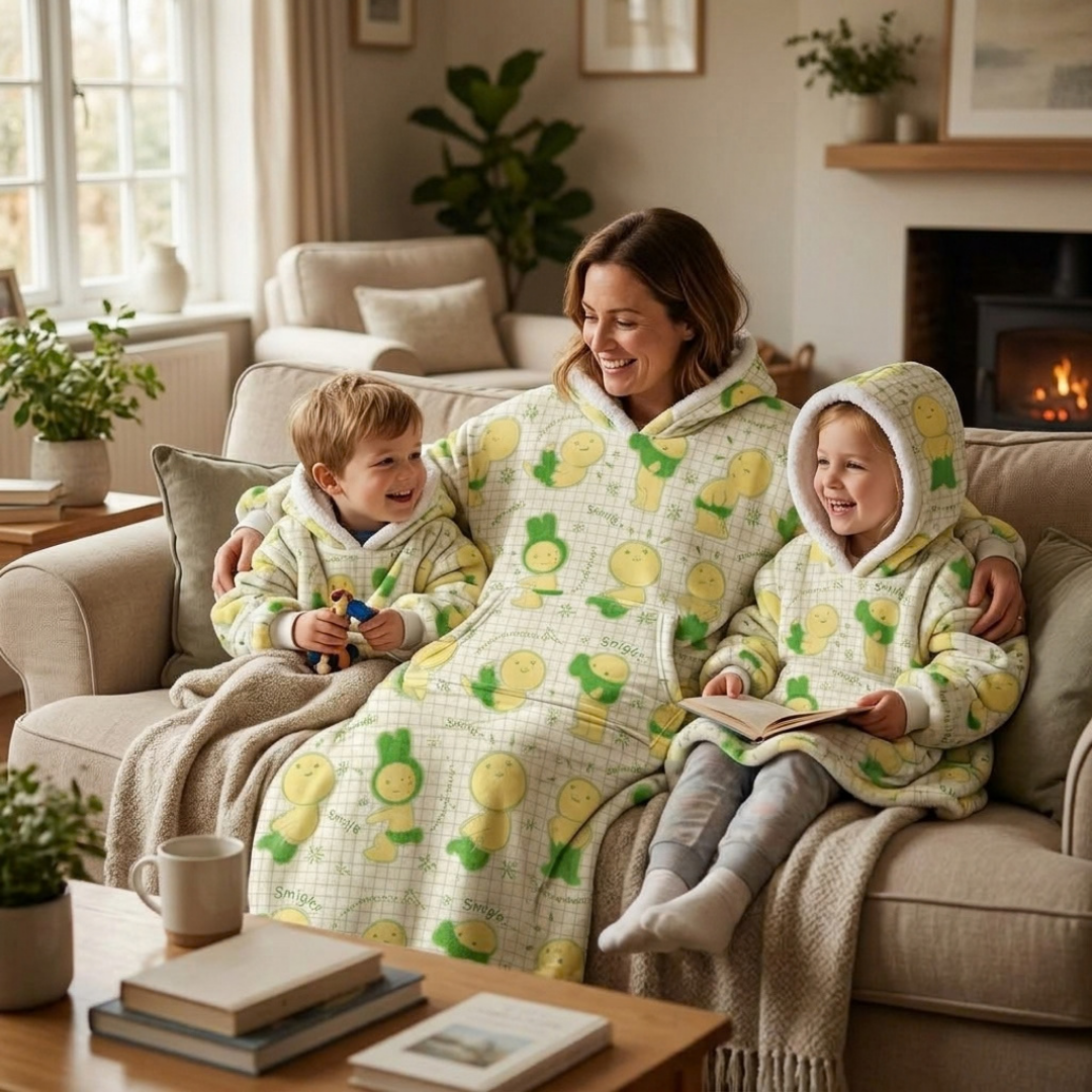 Custom Cute Character Blanket Hoodie – Personalized Family Snuggie