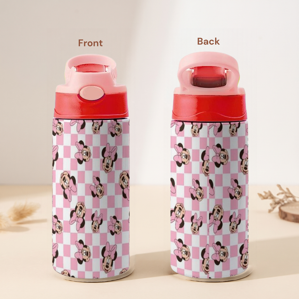 Custom Minnie Mouse Kids Water Bottle 350ml – Leakproof Straw Cup