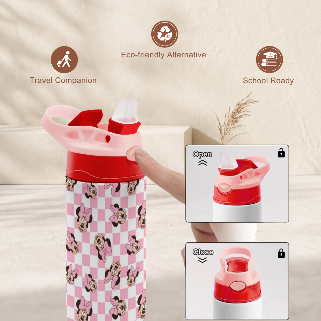 Custom Minnie Mouse Kids Water Bottle 350ml – Leakproof Straw Cup