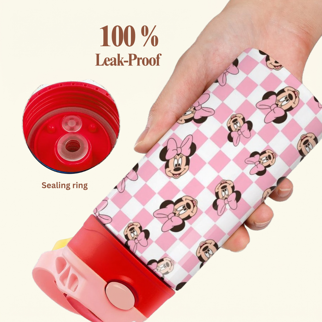 Custom Minnie Mouse Kids Water Bottle 350ml – Leakproof Straw Cup