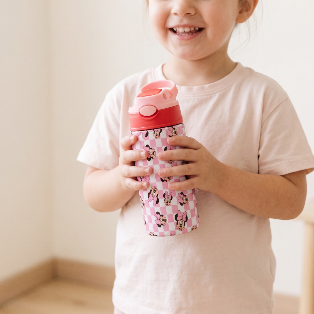 Custom Minnie Mouse Kids Water Bottle 350ml – Leakproof Straw Cup