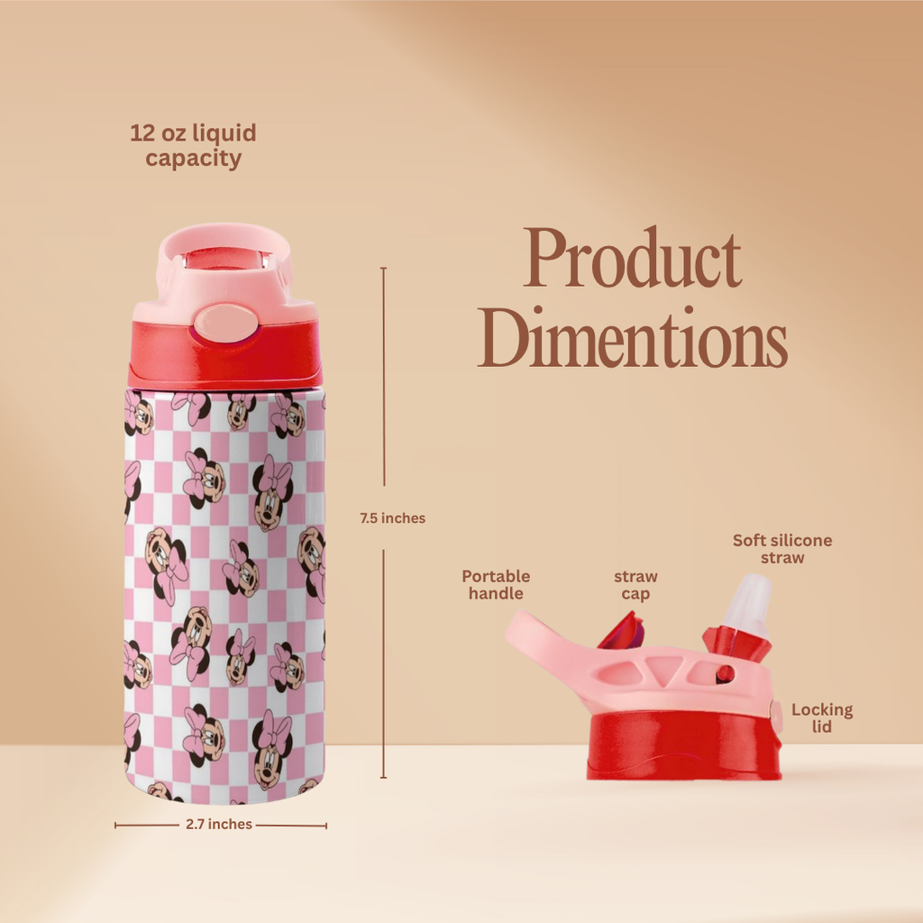 Custom Minnie Mouse Kids Water Bottle 350ml – Leakproof Straw Cup
