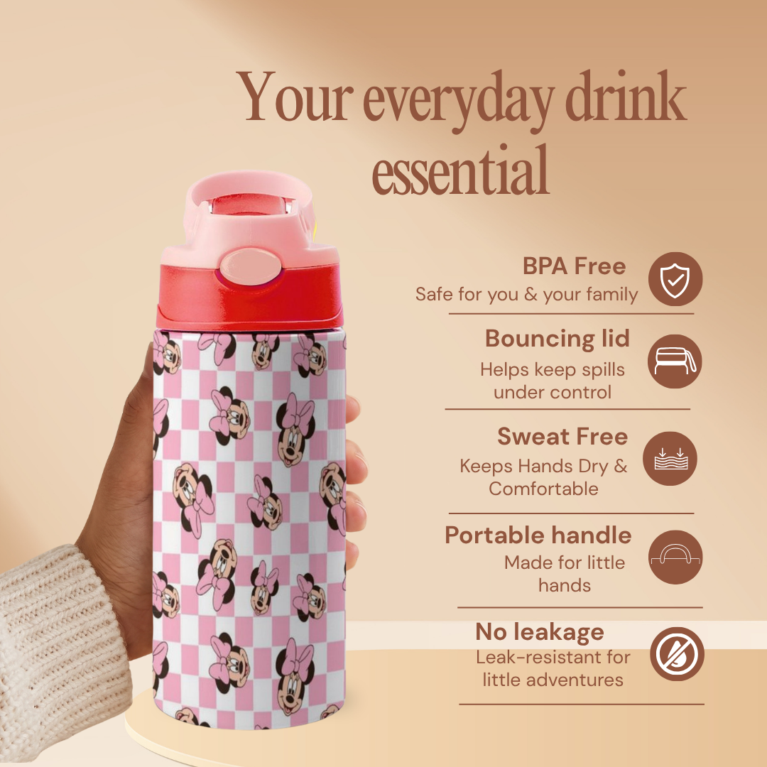 Custom Minnie Mouse Kids Water Bottle 350ml – Leakproof Straw Cup