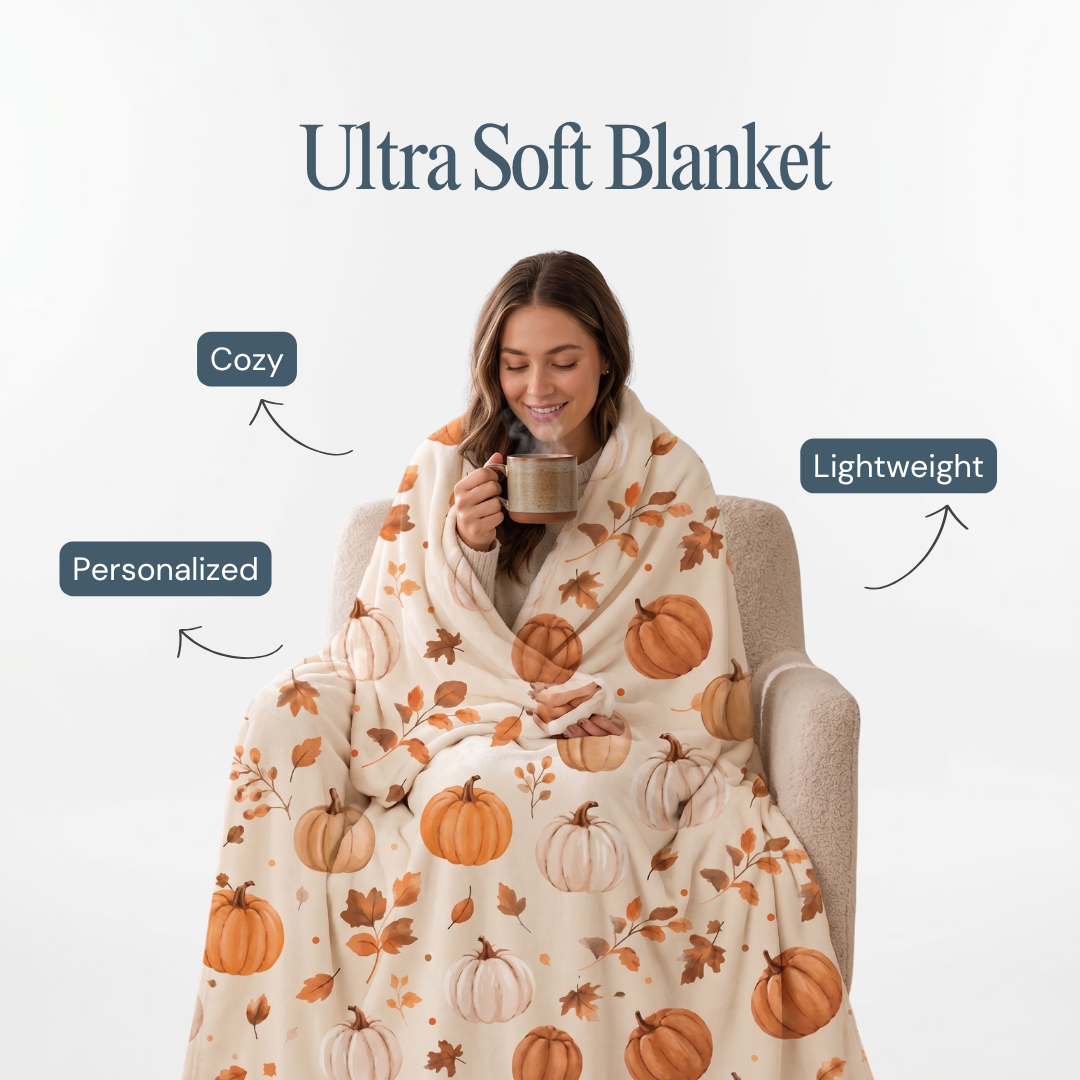 Custom Watercolor Pumpkin Fleece Blanket – Personalized 60x80 Fall Blanket