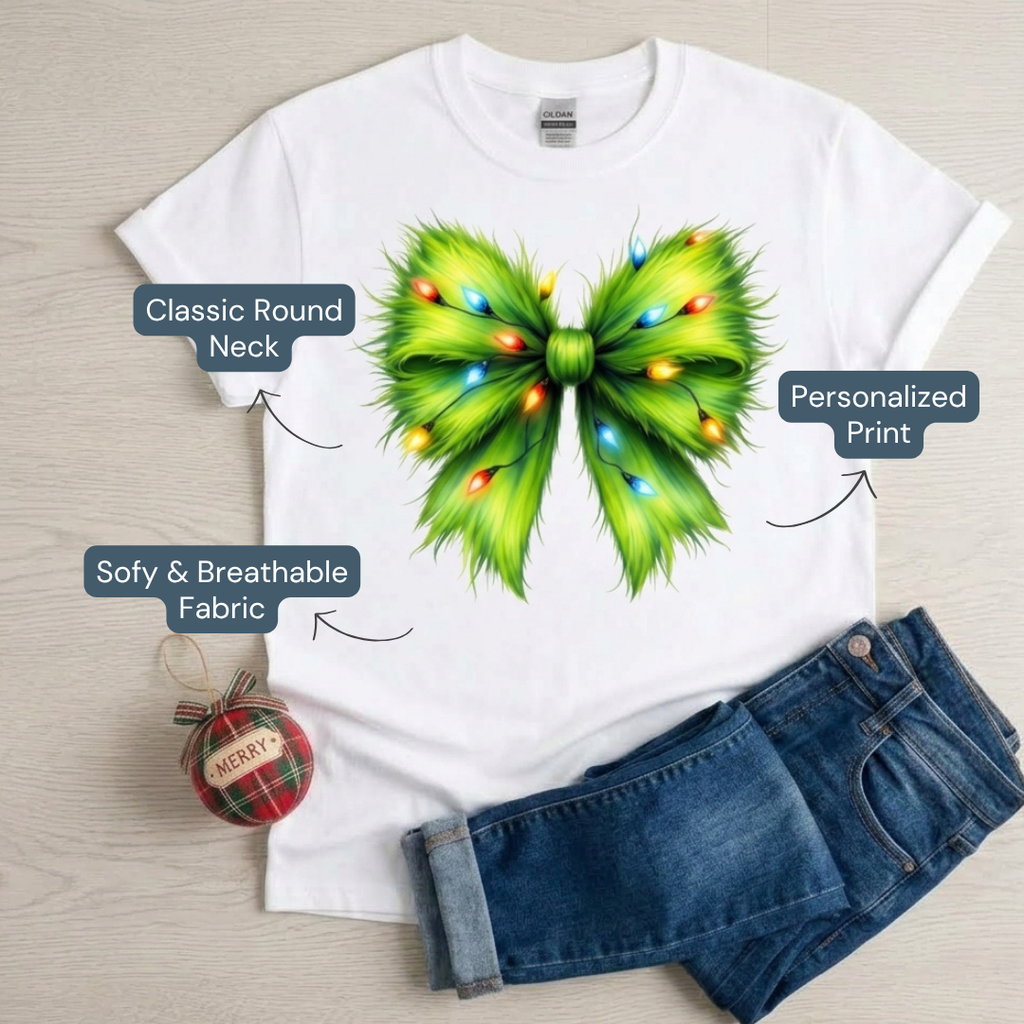 Personalized Green Furry Coquette Bow Christmas T-Shirt – Kids & Family Holiday Shirt