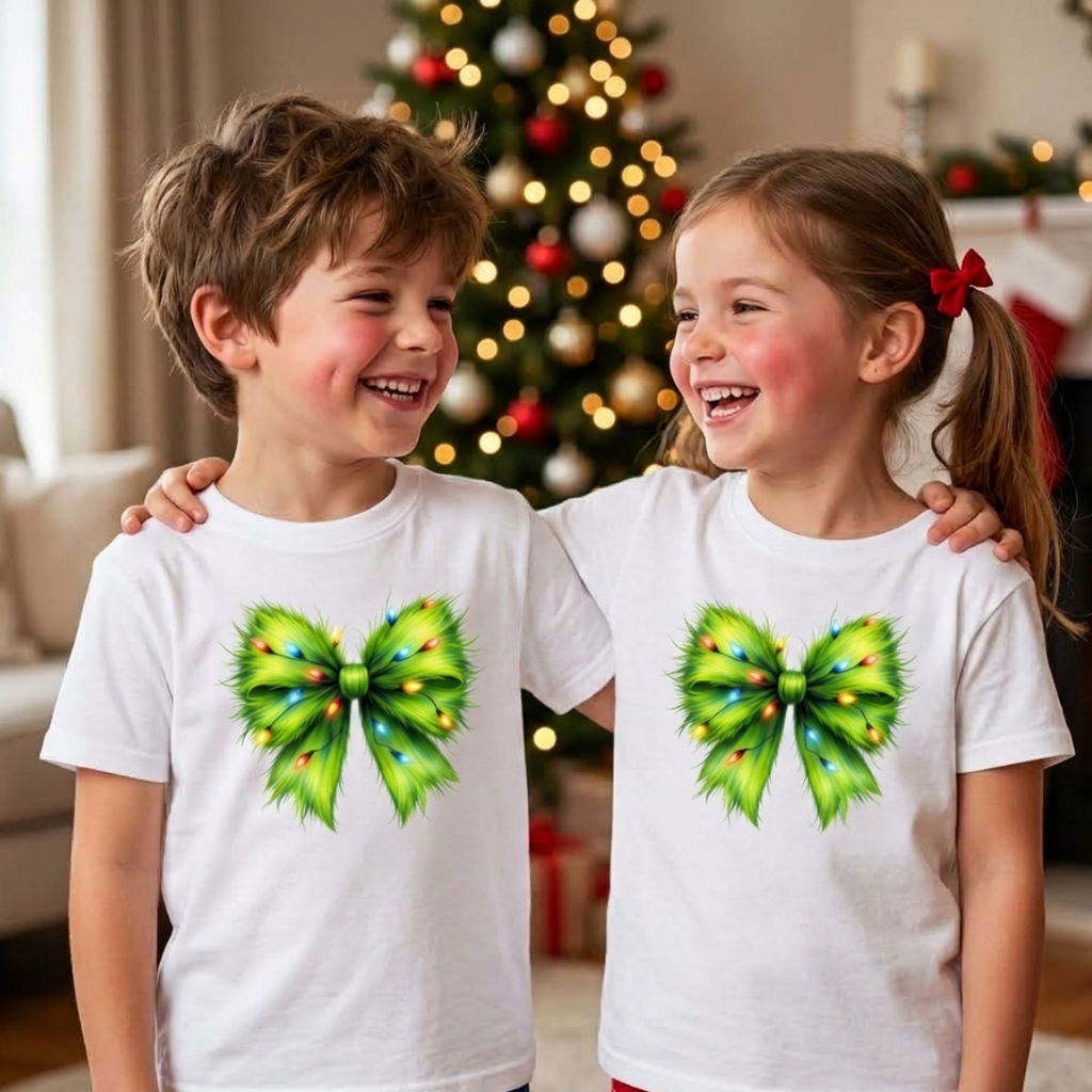 Personalized Green Furry Coquette Bow Christmas T-Shirt – Kids & Family Holiday Shirt