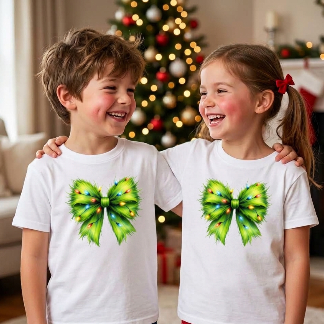 Personalized Green Furry Coquette Bow Christmas T-Shirt – Kids & Family Holiday Shirt