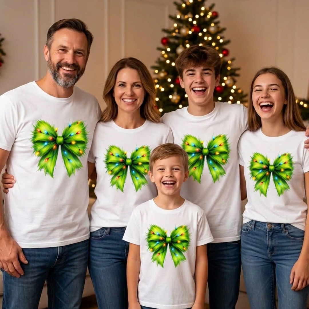 Personalized Green Furry Coquette Bow Christmas T-Shirt – Kids & Family Holiday Shirt