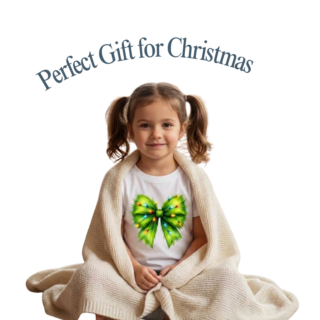 Personalized Green Furry Coquette Bow Christmas T-Shirt – Kids & Family Holiday Shirt