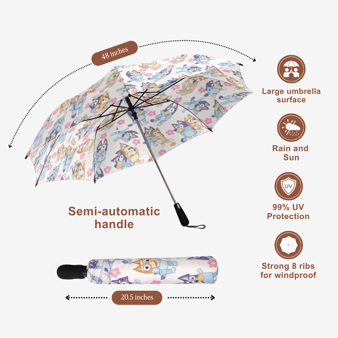 Custom Bluey and Bingo Kids Umbrella – Semi-Automatic Waterproof Umbrella
