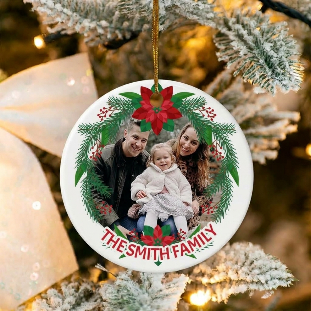 Custom Family Photo Christmas Ornament – 3-Inch Ceramic Round Keepsake