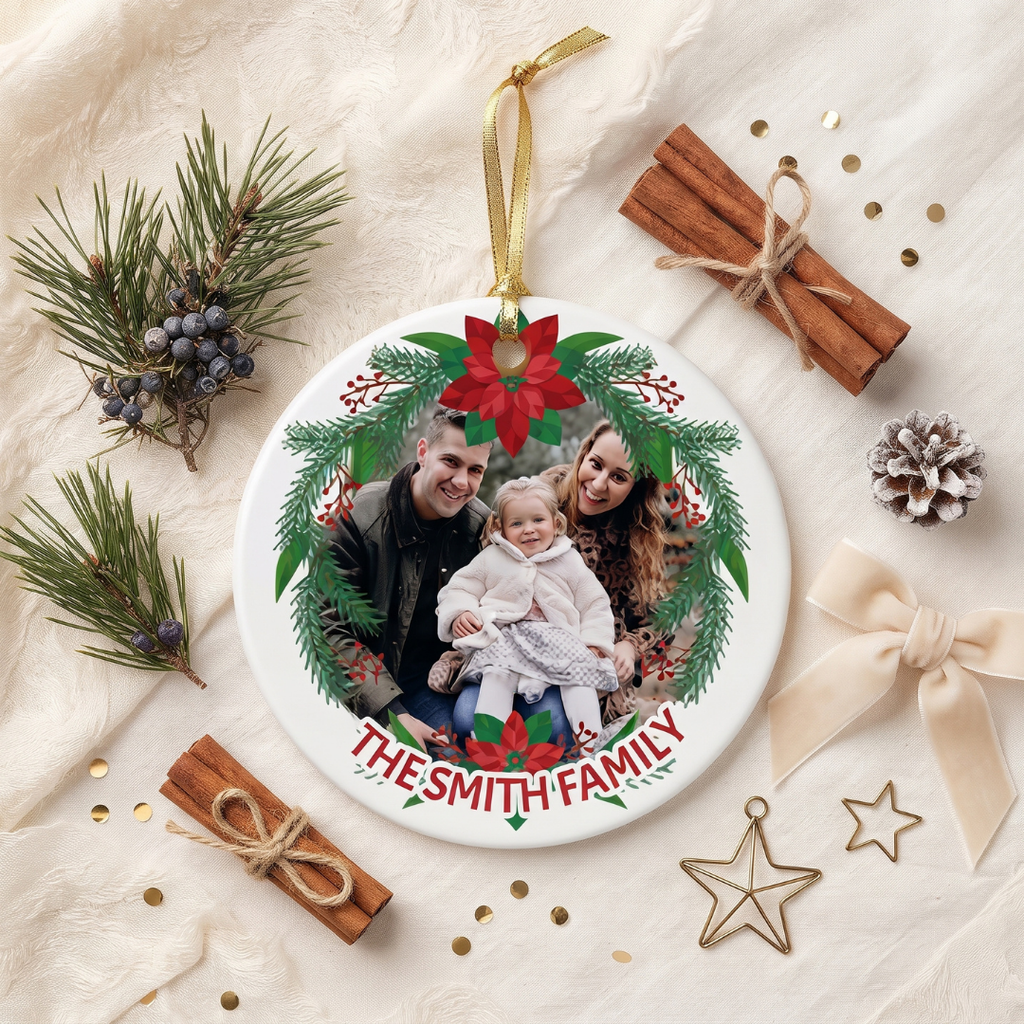 Custom Family Photo Christmas Ornament – 3-Inch Ceramic Round Keepsake