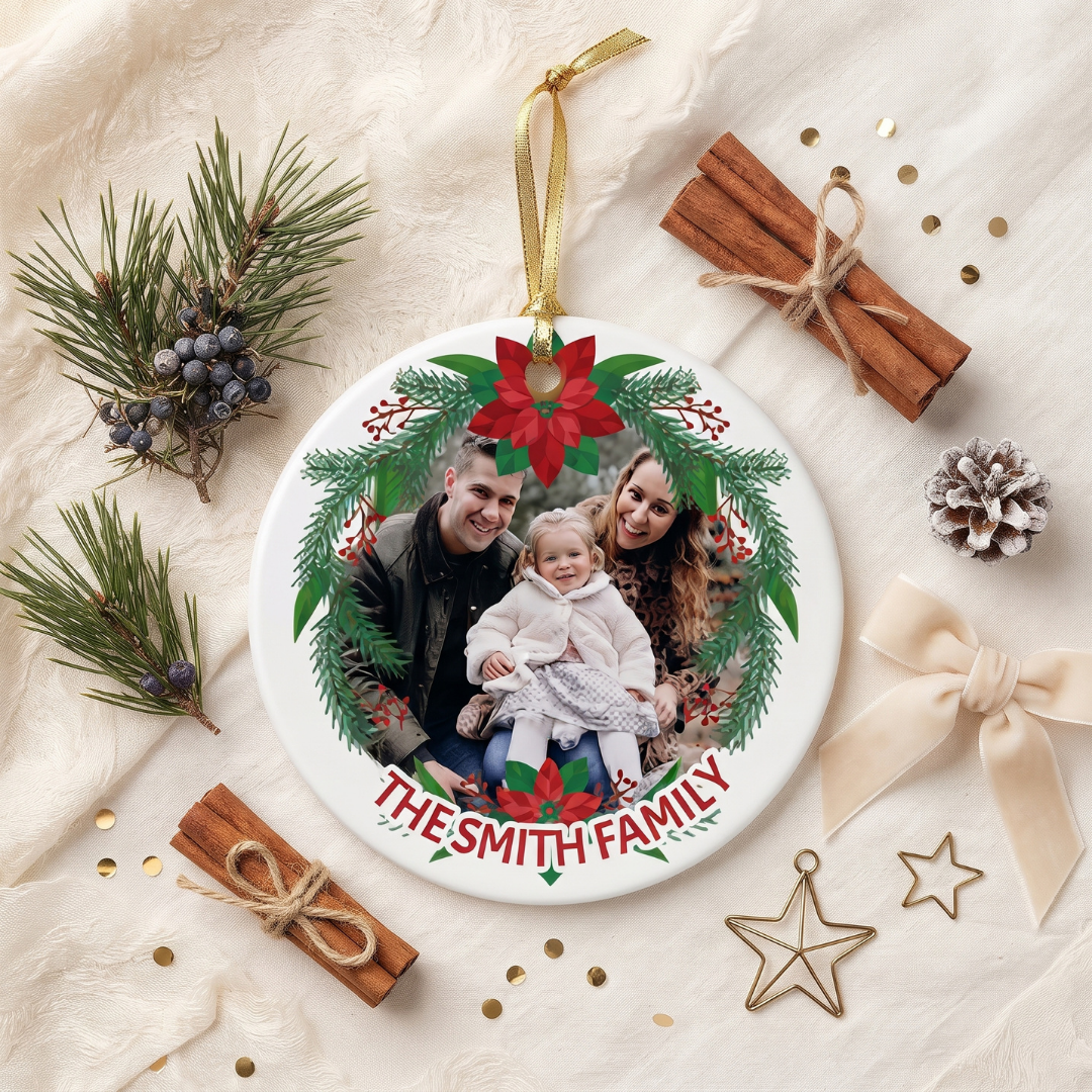 Custom Family Photo Christmas Ornament – 3-Inch Ceramic Round Keepsake
