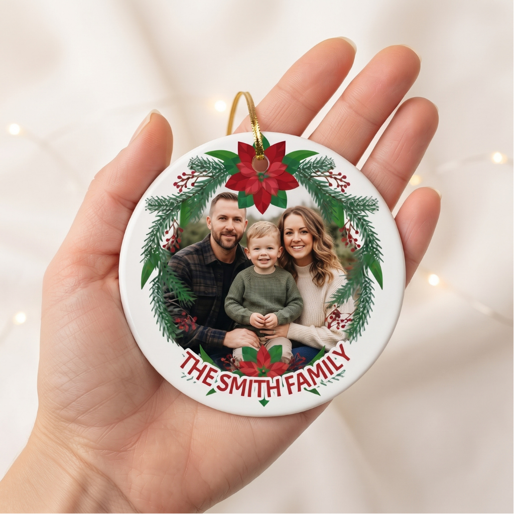 Custom Family Photo Christmas Ornament – 3-Inch Ceramic Round Keepsake