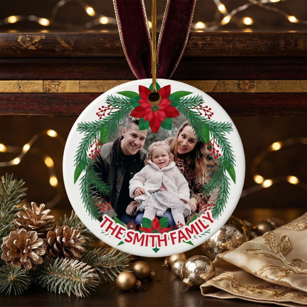 Custom Family Photo Christmas Ornament – 3-Inch Ceramic Round Keepsake
