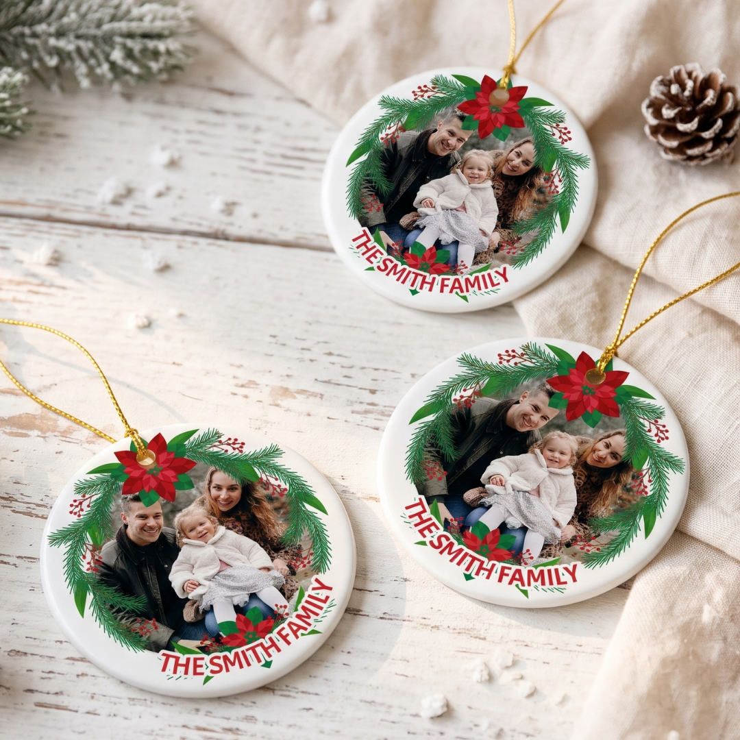 Custom Family Photo Christmas Ornament – 3-Inch Ceramic Round Keepsake