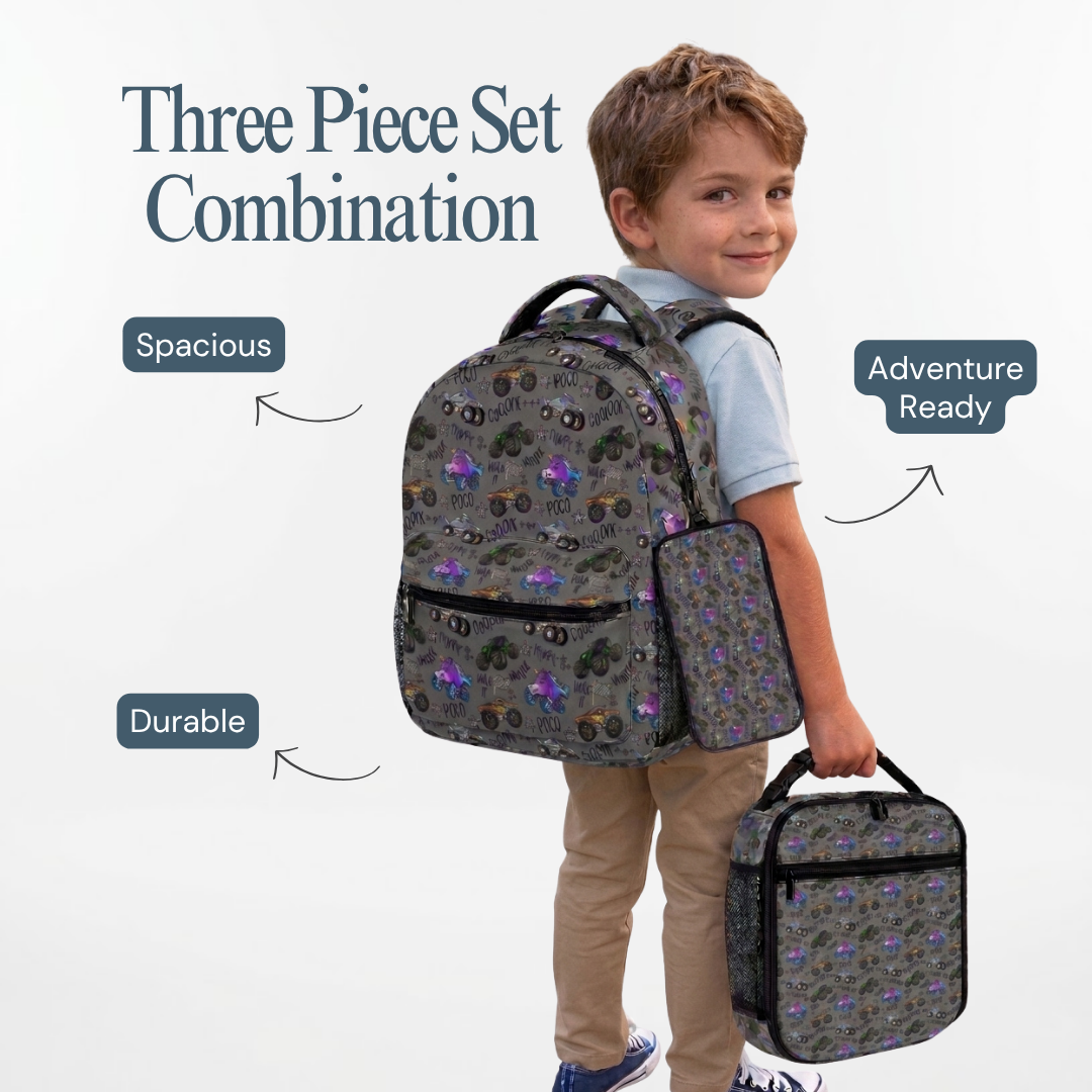 Personalized Monster Truck Backpack Set – 3-Piece Kids School Bag Set
