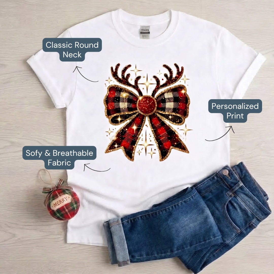 Personalized Coquette Reindeer Christmas Shirt – Kids & Family Holiday T-Shirt