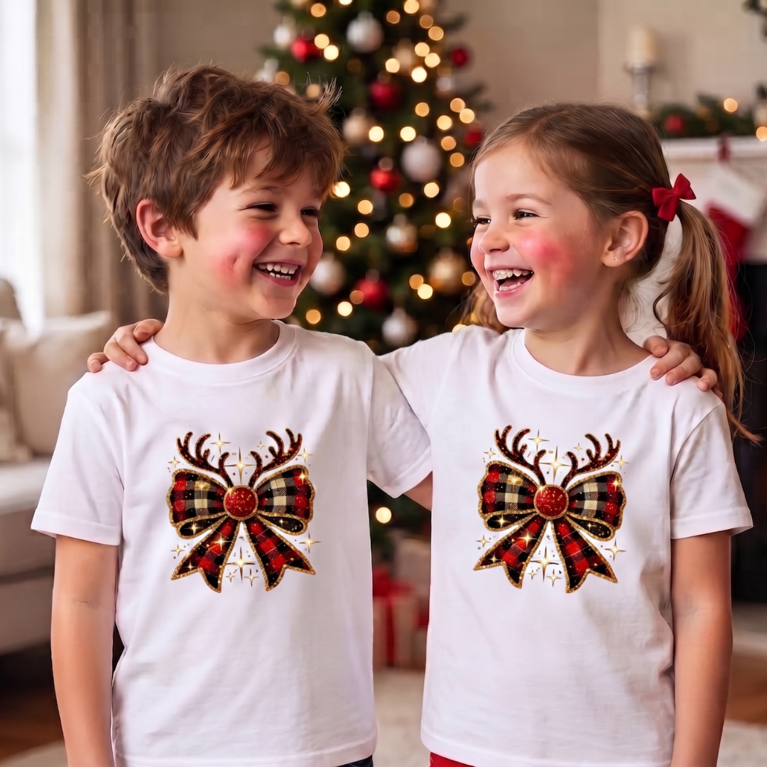Personalized Coquette Reindeer Christmas Shirt – Kids & Family Holiday T-Shirt