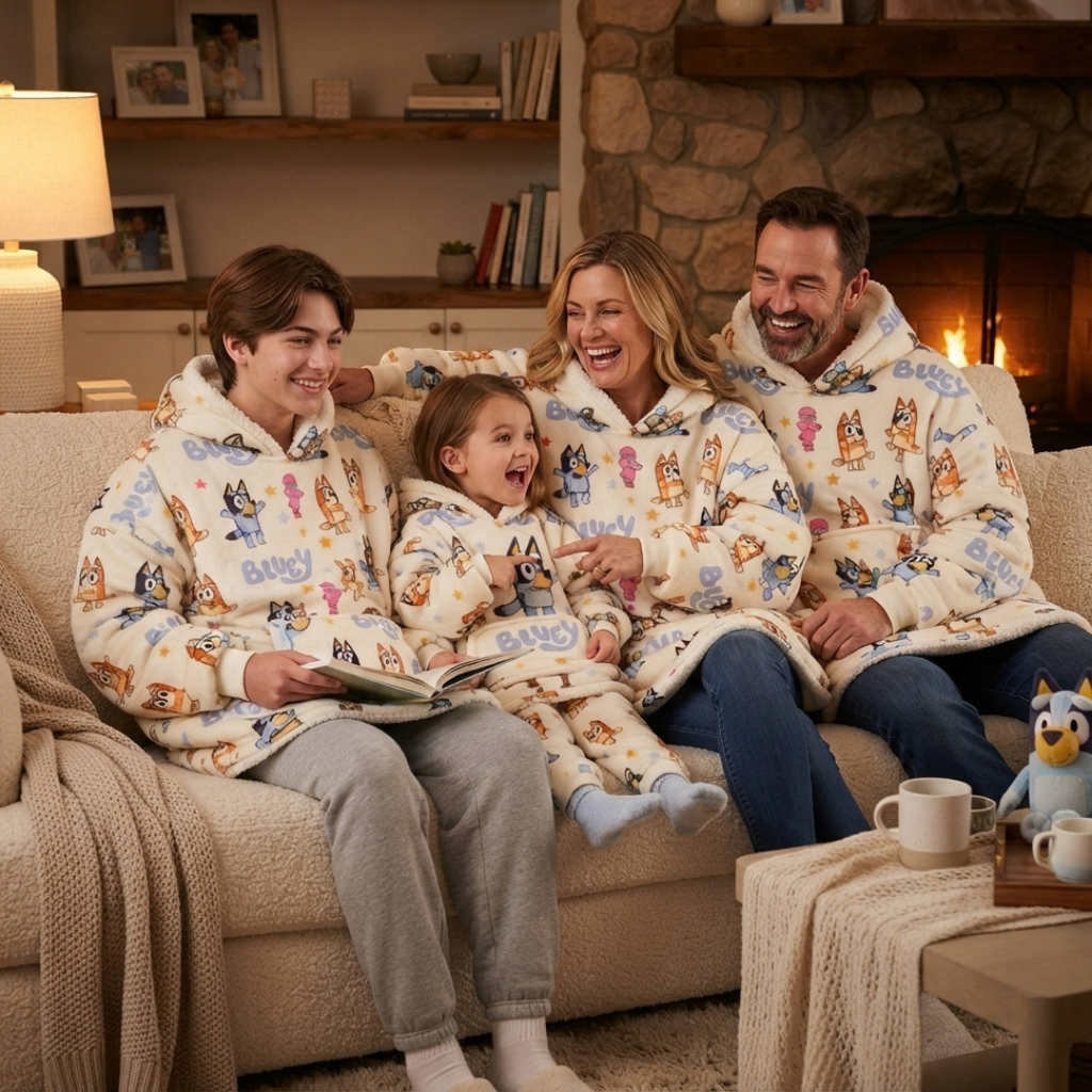 Custom Bluey Snuggie Blanket Hoodie – Personalized Family Wearable Blanket