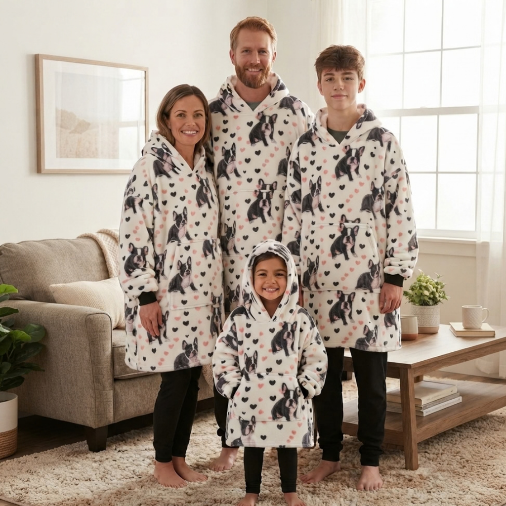 Custom Bulldog Wearable Blanket Hoodie – Personalized Family Snuggie
