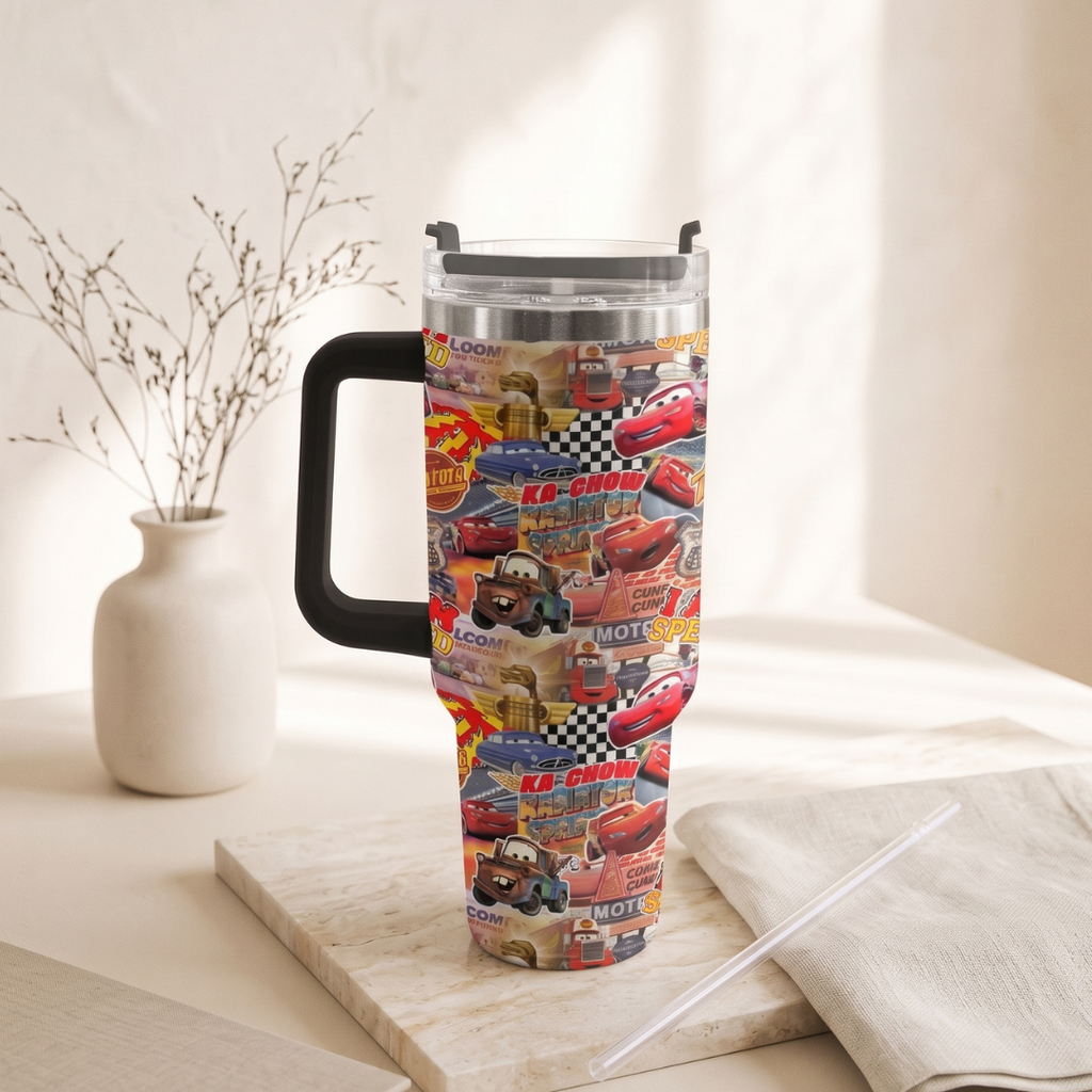 Custom Lightning McQueen 40oz Tumbler for Kids with Handle and Straw