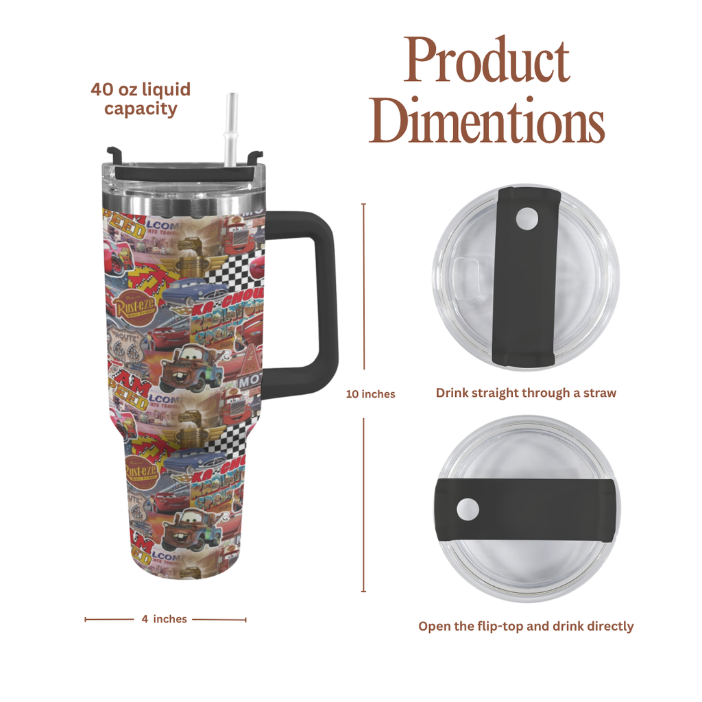 Custom Lightning McQueen 40oz Tumbler for Kids with Handle and Straw