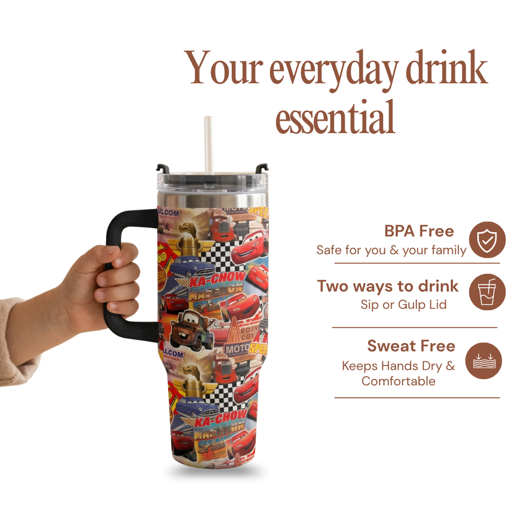 Custom Lightning McQueen 40oz Tumbler for Kids with Handle and Straw