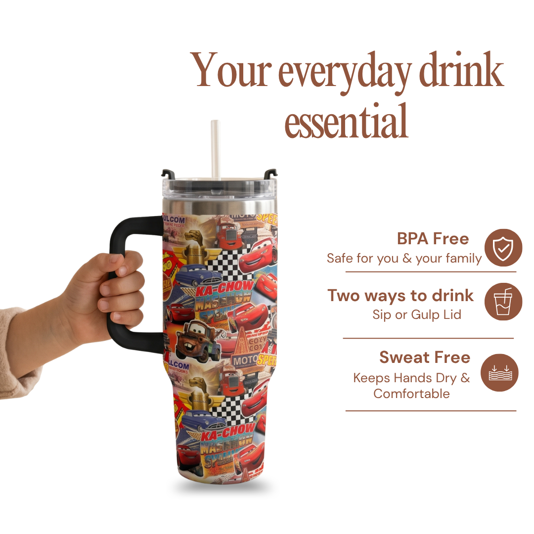Custom Lightning McQueen 40oz Tumbler for Kids with Handle and Straw