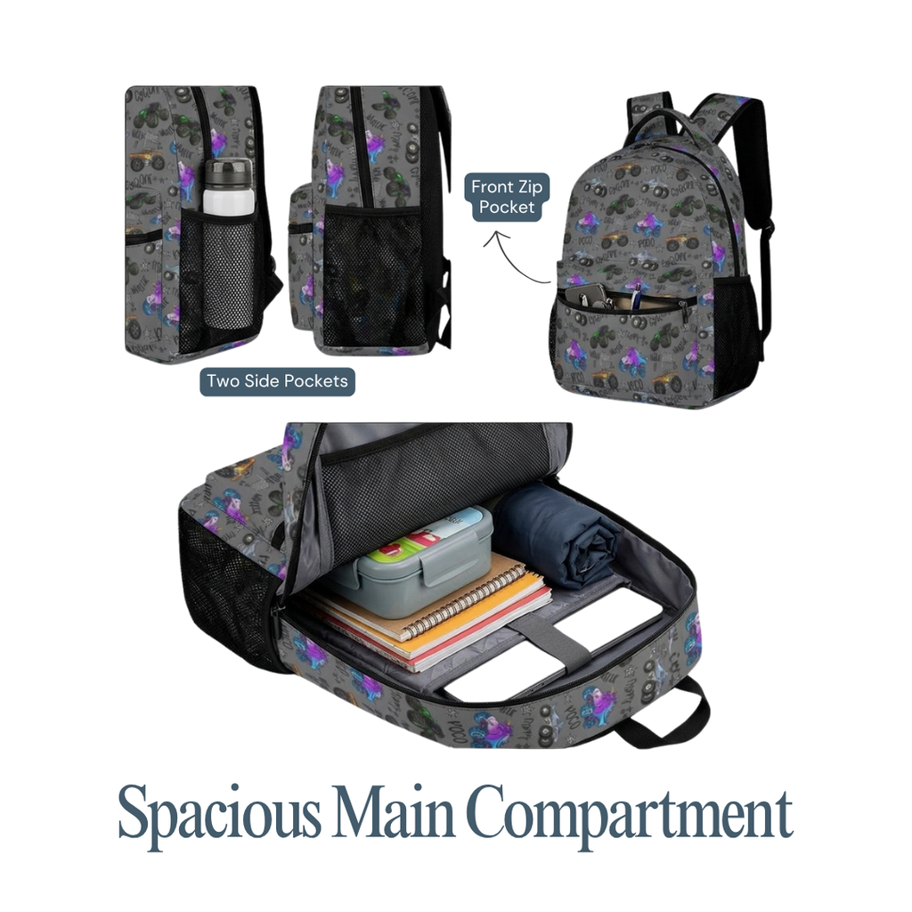 Personalized Monster Truck Backpack Set – 3-Piece Kids School Bag Set