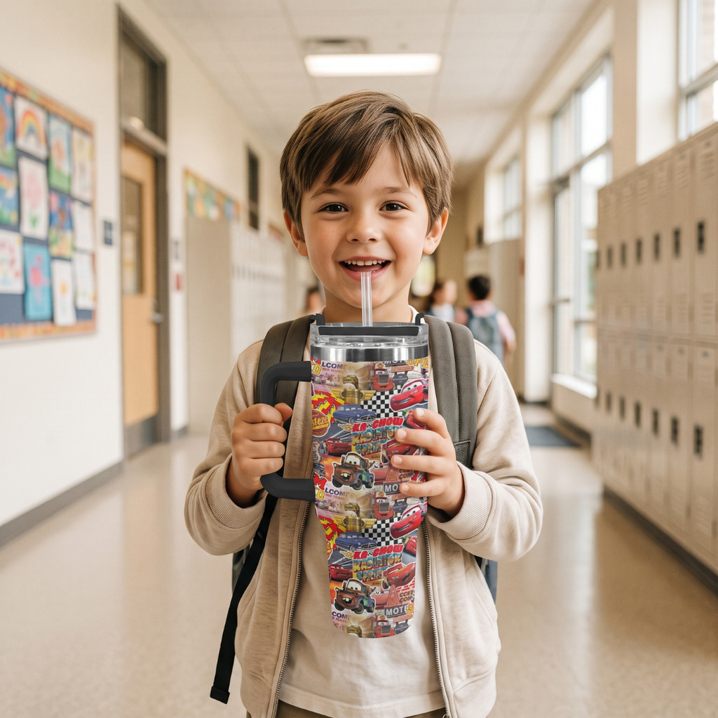 Custom Lightning McQueen 40oz Tumbler for Kids with Handle and Straw