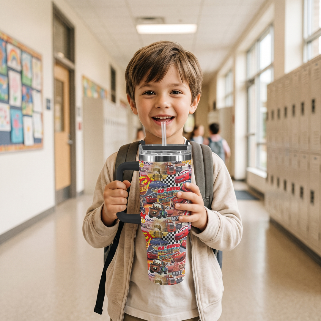 Custom Lightning McQueen 40oz Tumbler for Kids with Handle and Straw