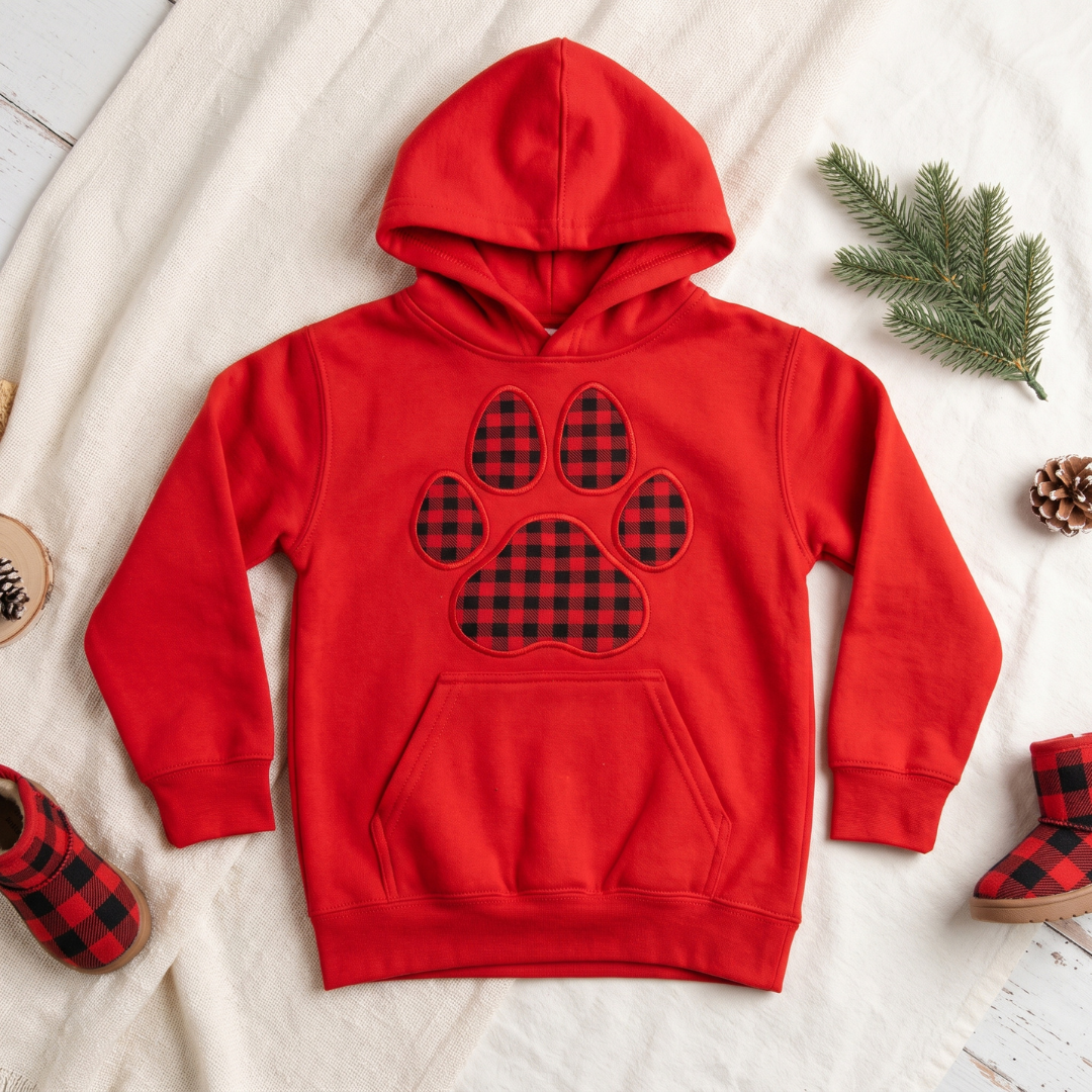 Kids Embroidered Paw Print Hoodie | Youth Pullover Sweatshirt