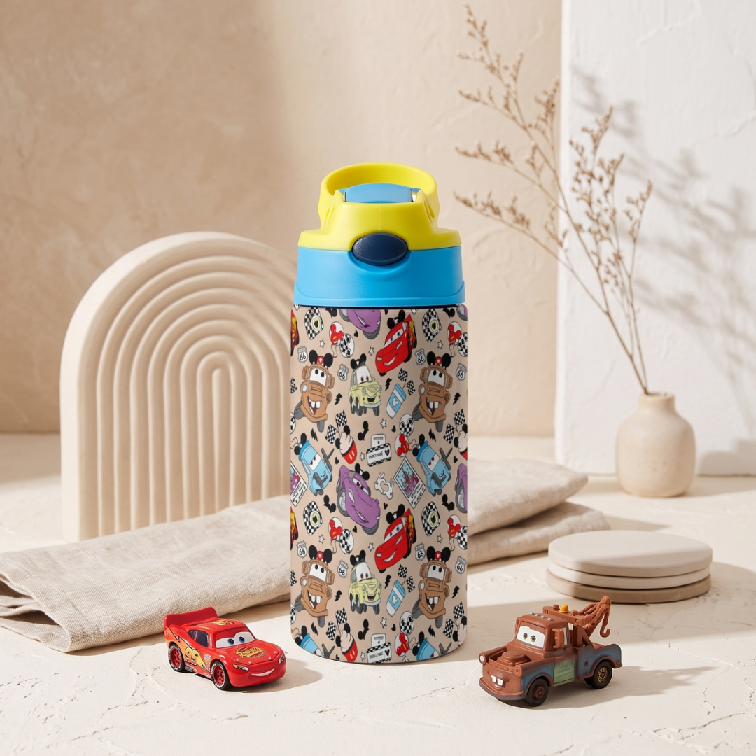 Custom Lightning McQueen Kids Water Bottle 350ml – Leakproof Straw Cup