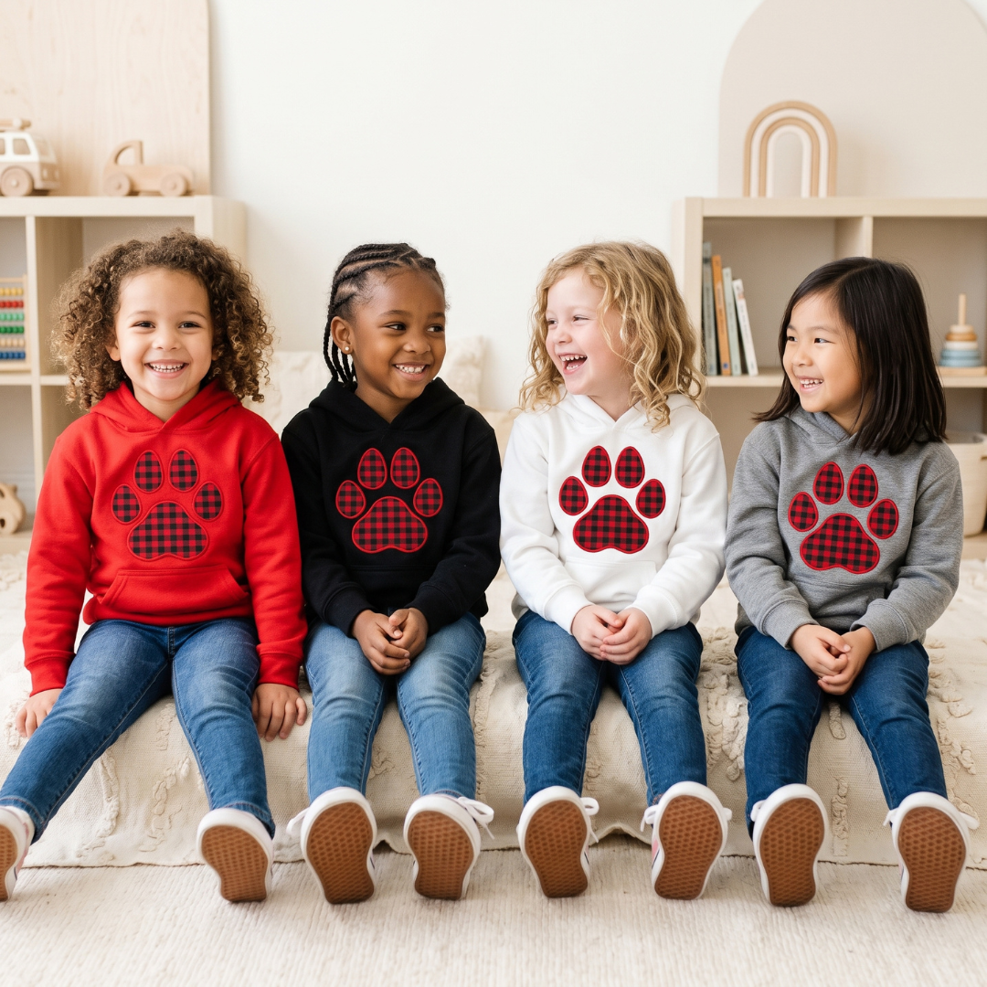Kids Embroidered Paw Print Hoodie | Youth Pullover Sweatshirt