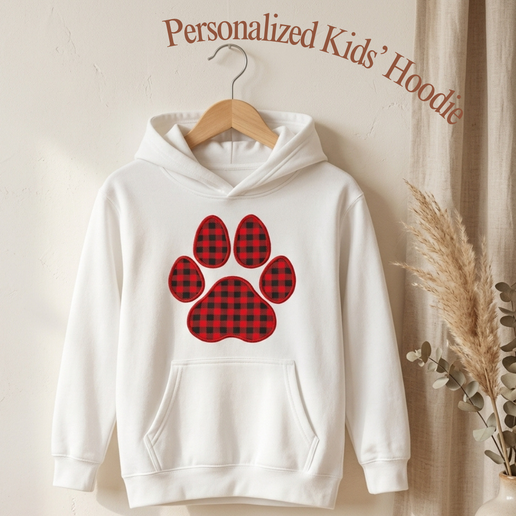 Kids Embroidered Paw Print Hoodie | Youth Pullover Sweatshirt