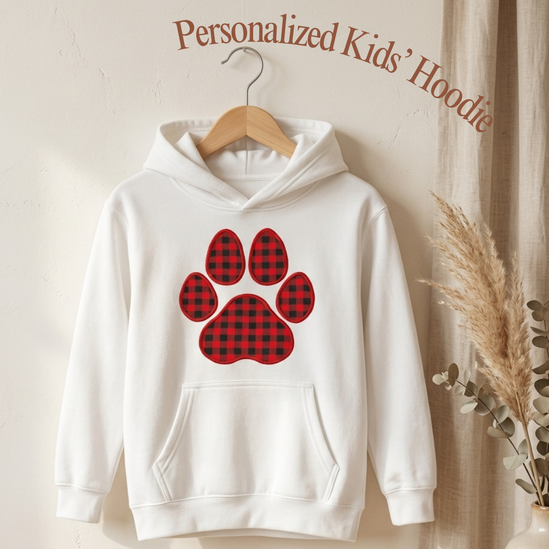Kids Embroidered Paw Print Hoodie | Youth Pullover Sweatshirt