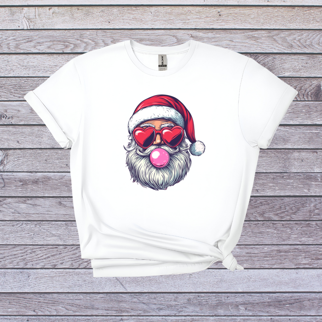 Retro Santa T-Shirt, Cool Santa with Heart Sunglasses & Bubblegum