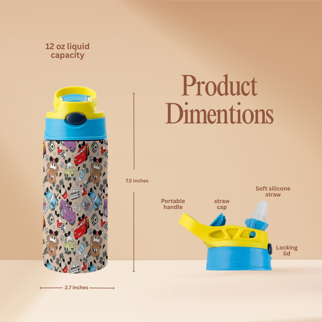 Custom Lightning McQueen Kids Water Bottle 350ml – Leakproof Straw Cup