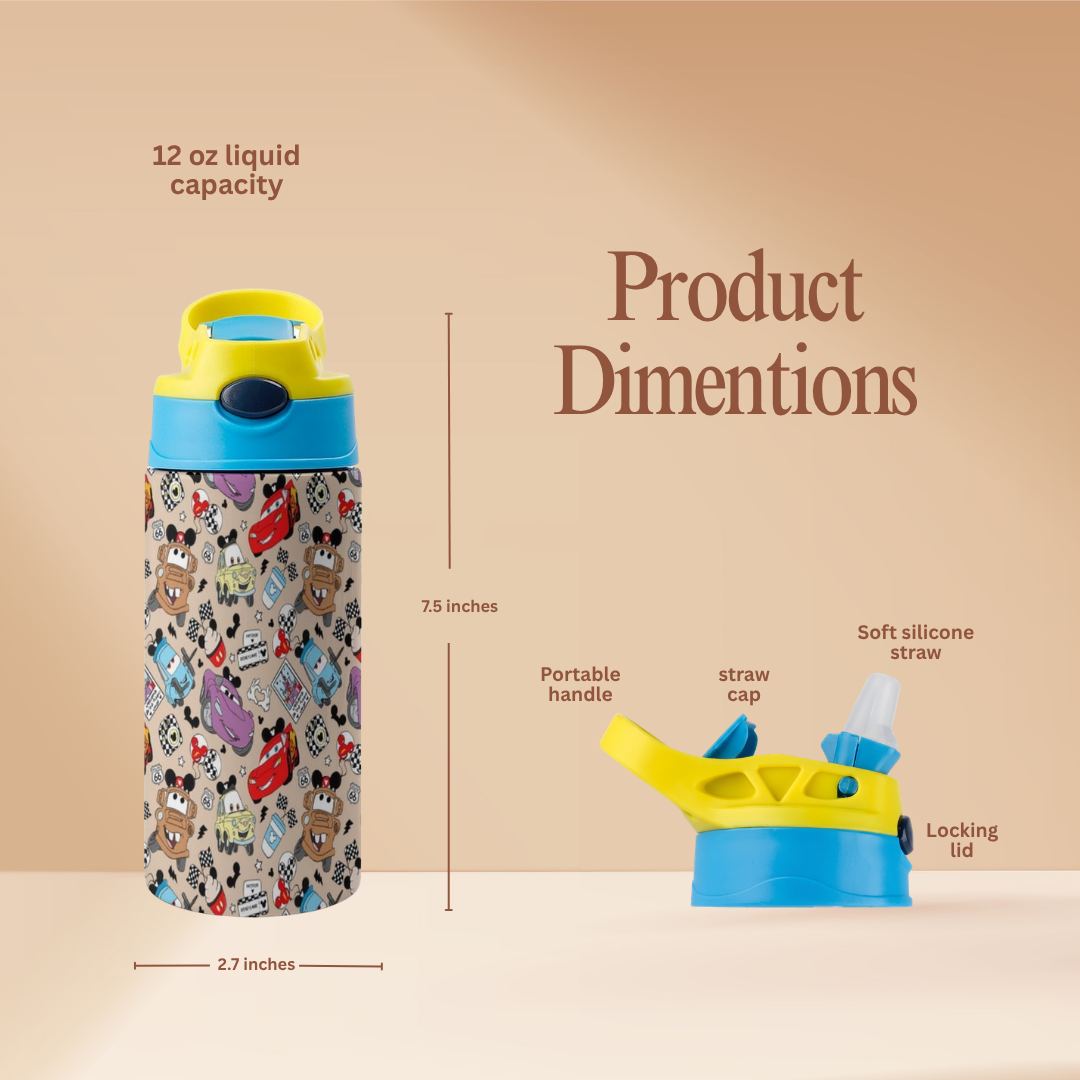 Custom Lightning McQueen Kids Water Bottle 350ml – Leakproof Straw Cup